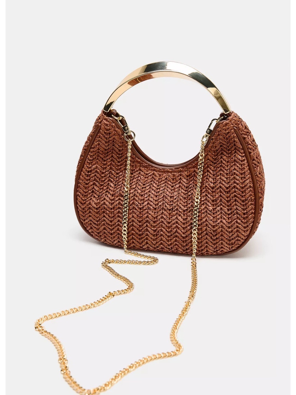 Zara Brown Woven Mini Bag with Gold Handle & Chain Strap